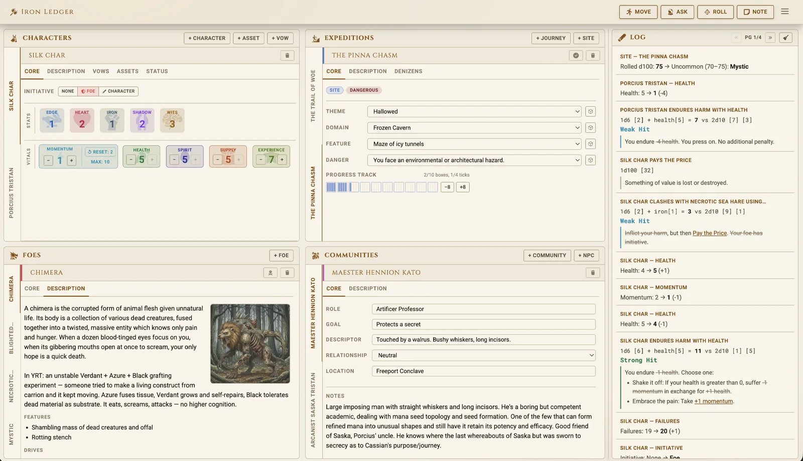 Iron Ledger home screen showing the deck-of-cards layout with character sheet, foes, expeditions, connections, and session log panels