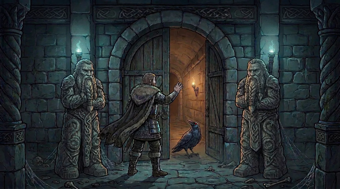 A lone Norse warrior stands before the iron-banded doors of a great mead hall, two stern guardians watching